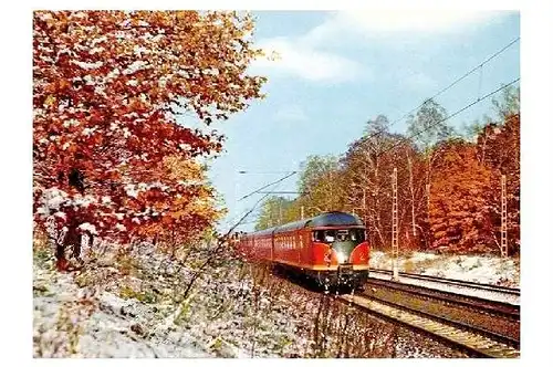 Farbfoto Dieseltriebwagen der DB in winterlicher Landschaft (Neudruck als Postkarte)