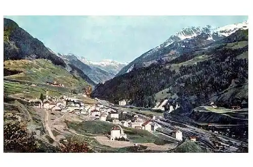 Altes Farbfoto Panorama von Airolo (Neudruck als Postkarte)