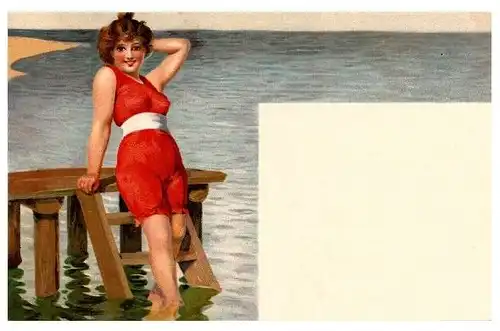 Alte Künstlerkarte Frau in rotem Badeanzug (Neudruck als Postkarte)