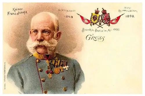 Alte Künstlerkarte Kaiser Franz Josef I. Besuch in Berlin im Mai 1900 II (Neudruck als Postkarte)