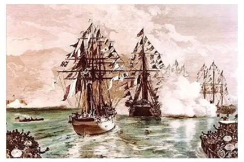 Alte Künstlerkarte Eintreffen der Freiheitssatue auf Segelschiff in New York (Neudruck als Postkarte)