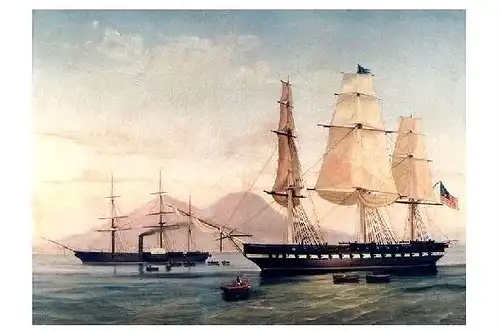 Alte Künstlerkarte USS Congress und USS Susquehanna vor Neapel (Neudruck als Postkarte)