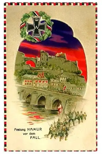 Alte Künstlerkarte 1. WK Festung Namur vor dem Fall (Neudruck als Postkarte)