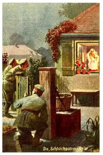 Alte Künstlerkarte 1. WK Humor \"Die Schleichpatrouille\" (Neudruck als Postkarte)