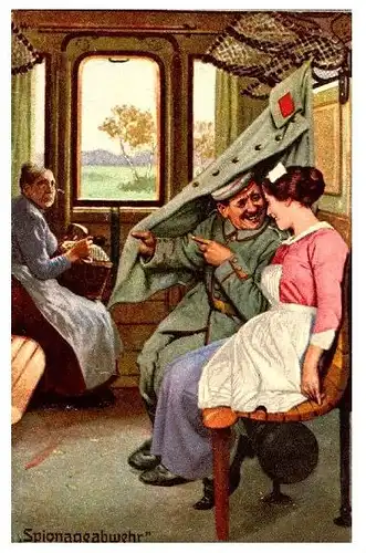 Alte Künstlerkarte 1. WK Humor \"Spionageabwehr\" (Neudruck als Postkarte)