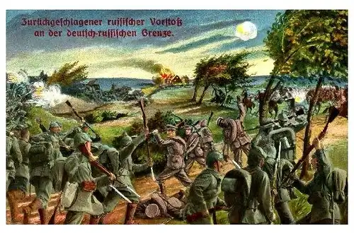 Alte Künstlerkarte 1. WK Zurückgeschlagener russischer Vorstoß (Neudruck als Postkarte)