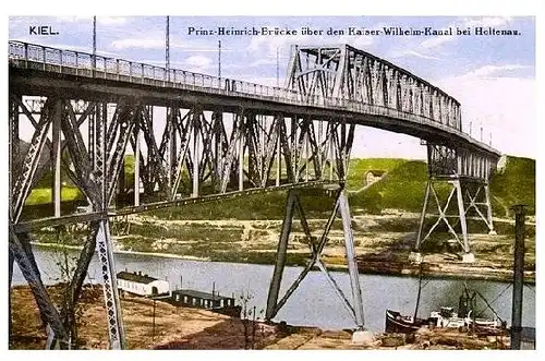 Alte Farbfoto-AK Kiel - Prinz-Heinrich-Brücke über den Kaiser-Wilhelm-Kanal bei Holtenau (Neudruck als Postkarte)