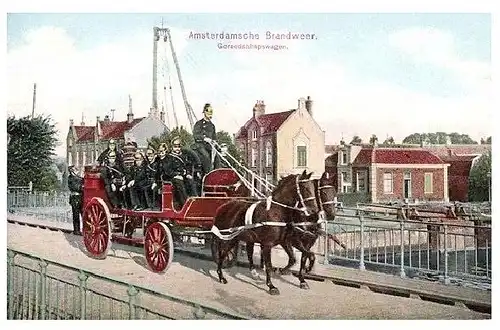 Alte Farbfoto-AK Pferdegespann der Feuerwehr Amsterdam (Neudruck als Postkarte)