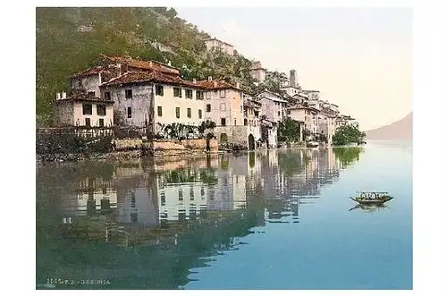 Altes Photochrome-Farbfoto Panorama von Gandria am Luganer See (Neudruck als Postkarte)