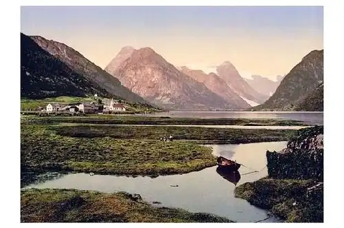 Altes Photochrome-Farbfoto Sognefjord in Norwegen (Neudruck als Postkarte)