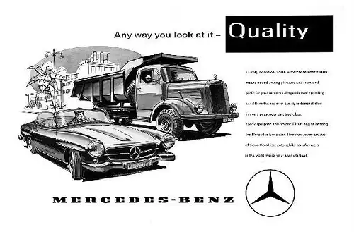Alte Werbung in englisch Mercedes Benz Cabrio und LKW (Neudruck als Postkarte)