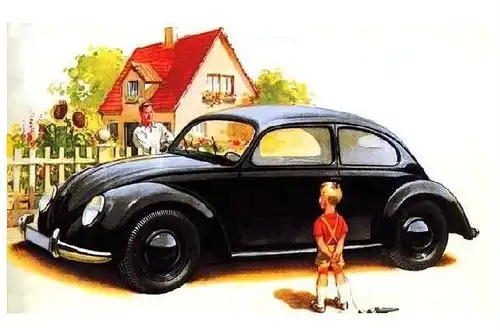 Alte Künstlerkarte Kleiner Junge bewundert einen KdF-Wagen VW Käfer 1938 (Neudruck als Postkarte)