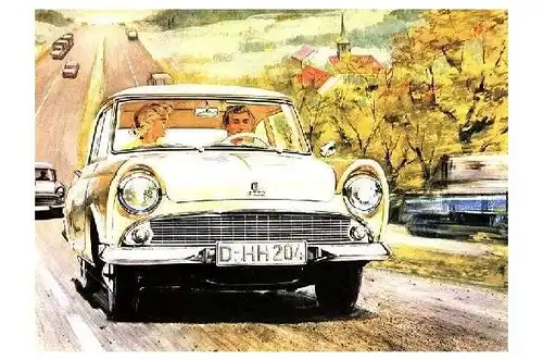 Alte Künstlerkarte DKW Junior auf der Autobahn (Neudruck als Postkarte)