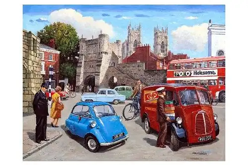 Alte Künstlerkarte Ein Arbeitstag in Großbritannien mit BMW Isetta (Neudruck als Postkarte)