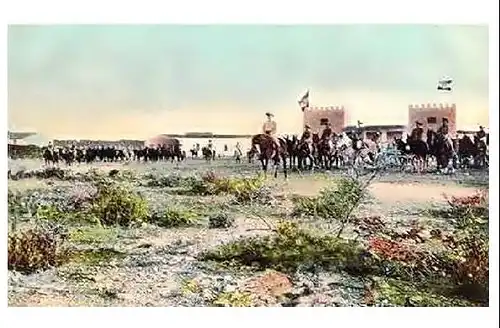 Altes Farbfoto Deutsch-Südwestafrika Ausmarsch der Truppen aus Outjo (Neudruck als Postkarte)