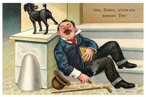 Alte Künstlerkarte Hund pinkelt Mann in Mund (Neudruck als Postkarte)