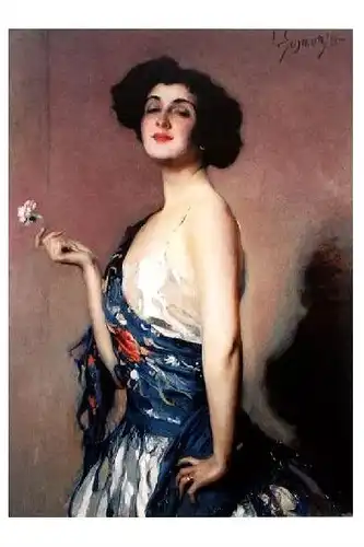 Altes Gemälde Schmutzler - Frau mit Blume in der Hand (Neudruck als Postkarte)
