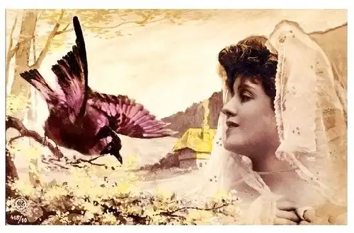 Alte Künstlerkarte Frau mit Kopftuch beobachtet einen Vogel (Neudruck als Postkarte)
