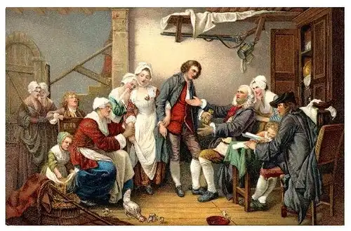 Altes Gemälde Greuze - Abstimmung auf dem Dorf (Neudruck als Postkarte)