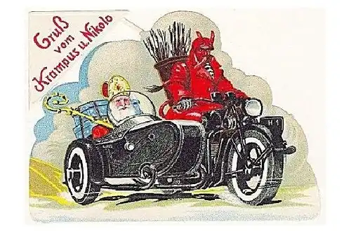 Alte Künstlerkarte Gruß vom Krampus und Nikolo (Neudruck als Postkarte)