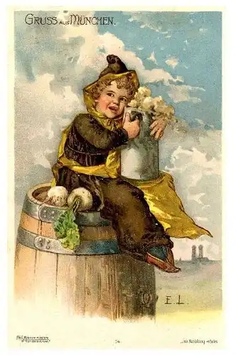 Alte Künstlerkarte Gruss aus München - Münchner Kindl sitzt auf Bierfass (Neudruck als Postkarte)