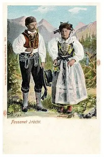 Alte Künstlerkarte Paar in Fassaner Tracht (Neudruck als Postkarte)