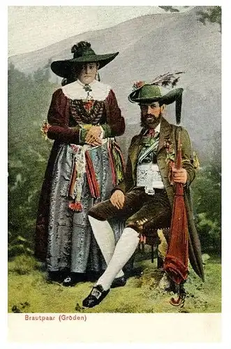 Alte Künstlerkarte Brautpaar aus Gröden (Neudruck als Postkarte)