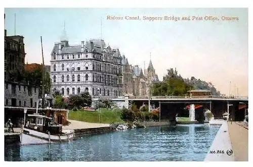 Alte Farbfoto-AK Rideau Kanal mit Postgebäude an der Sappers Brücke in Ottawa (Neudruck als Postkarte)