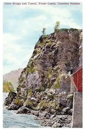 Alte Farbfoto-AK Cisco Brücke und Tunnel im Fraser Canyon, kanadische Rocky Mountains (Neudruck als Postkarte)
