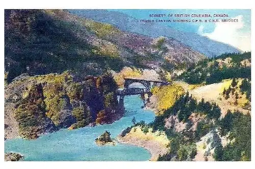 Alte Farbfoto-AK Brücken im Fraser Canyon, Kanada (Neudruck als Postkarte)