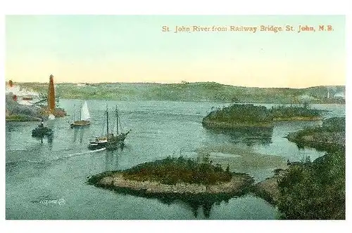 Alte Farbfoto-AK St. John Fluß von der Eisenbahnbrücke gesehen, Kanada (Neudruck als Postkarte)