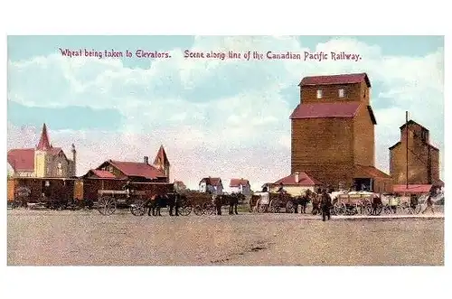 Alte Farbfoto-AK Pferdewagen mit Weizen beim Silo der Canadian Pacific Railway (Neudruck als Postkarte)