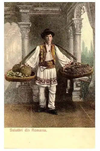 Alte Farb-AK Rumänischer Händler in Tracht (Neudruck als Postkarte)