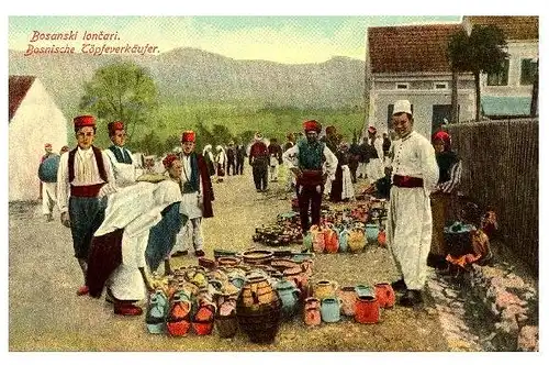 Alte Farbfoto-AK Bosnische Töpfeverkäufer (Neudruck als Postkarte)