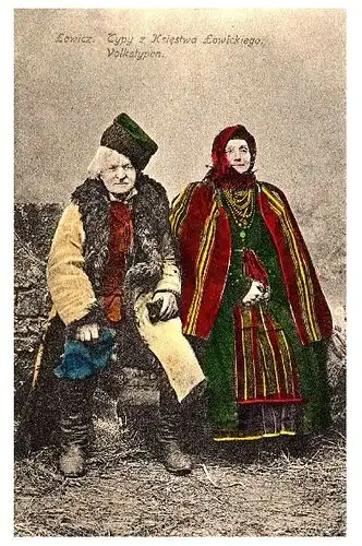 Alte Farbfoto-AK Altes Paar aus Lowicz in Tracht (Neudruck als Postkarte)