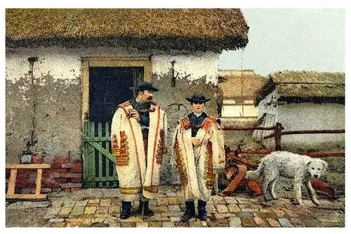 Alte Farbfoto-AK Oberhirte und Sohn in traditioneller Kleidung in Hortobagy (Neudruck als Postkarte)