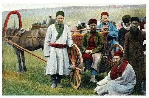 Altes Farbfoto Tataren mit Pferdewagen (Neudruck als Postkarte)