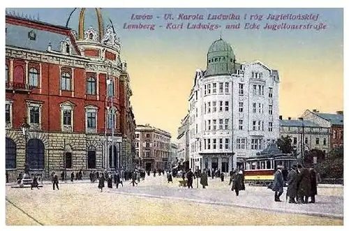 Alte Farbfoto-AK Karl-Ludwigs-Straße Ecke Jagellonerstraße in Lemberg, Ukraine (Neudruck als Postkarte)