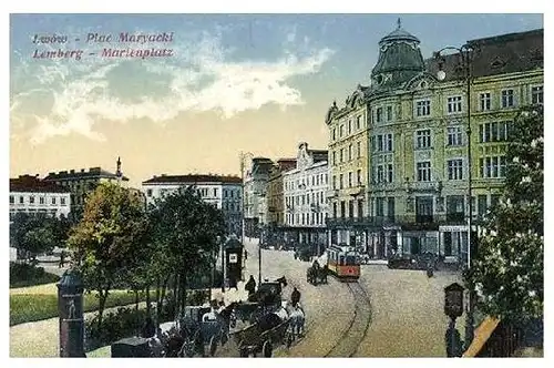Alte Farbfoto-AK Marienplatz in Lemberg, Ukraine (Neudruck als Postkarte)