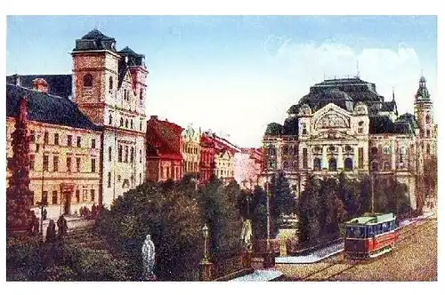 Alte Künstlerkarte Straßenbahn in Kosice, Slowakei (Neudruck als Postkarte)