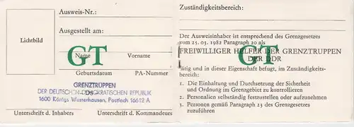 DDR Ausweis Freiwilliger Helfer der Grenztruppen blanko