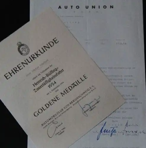 Auto-Union Motorsport Ehrenurkunde 1954