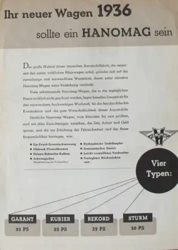 Hanomag Modellprogramm 1936 Automobilprospekt