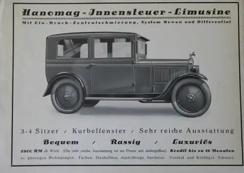 Hanomag Innensteuer-Limusine 1926 Automobilprospekt