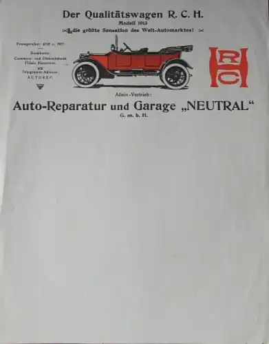 Hupp-Yates &quot;R.C.H. Qualitätswagen&quot; Firmenanschreiben 1913 Autoprospekt