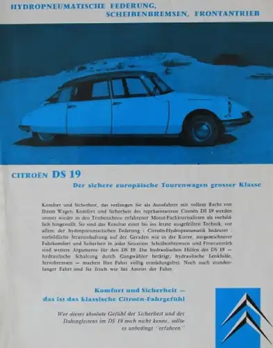 Citroen DS 19 &quot;Der sichere europäische Tourenwagen&quot; 1961 Automobilprospekt