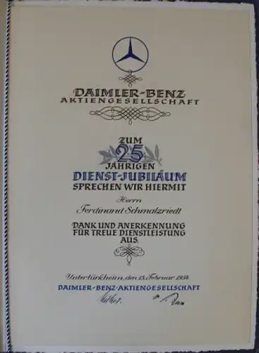 Mercedes-Benz Urkunde - 25jähriges Dienstjubiläum Daimler-Benz - 1954