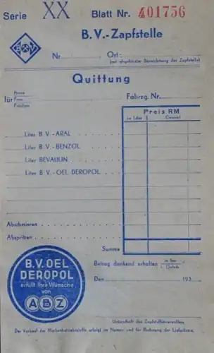 BV Aral Zapfstellen-Quittungsblock &quot;Serie XX&quot; 1935