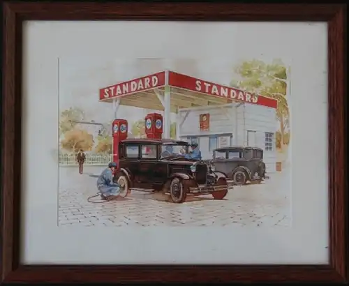 Esso Standard Tankstelle 1935 gerahmtes Aquarell