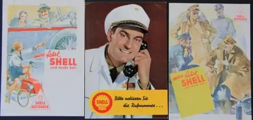 Shell Tankstellen drei Werbepostkarten 1930-1950
